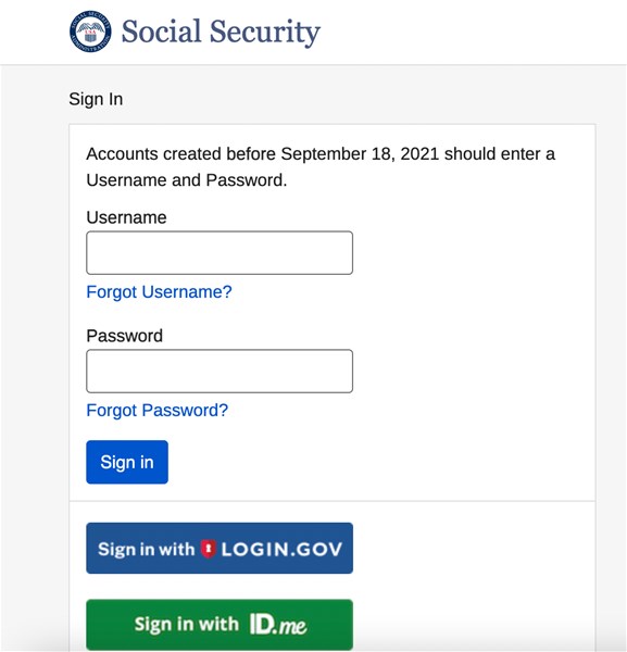 Social Security Administration Login Screen